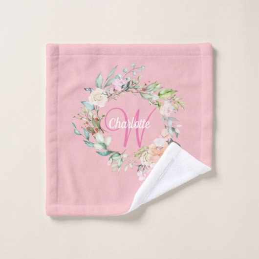 Elegante Rose Blumenrosa-Script-Monogramm Badhandtuch Set (Waschlappen)