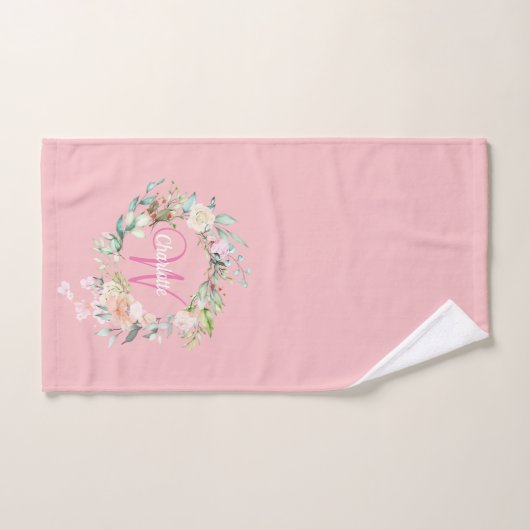 Elegante Rose Blumenrosa-Script-Monogramm Badhandtuch Set (Handtuch)
