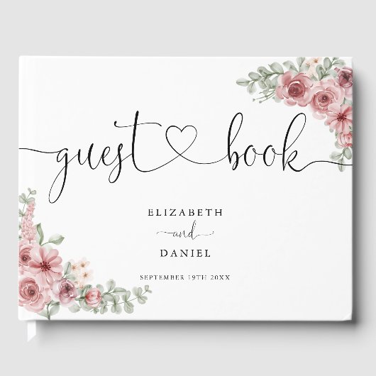 Elegante Rose Blumenschrift Hochzeit Gästebuch (Vorderseite)