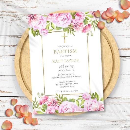 Elegante Rose Blumentaufen Christening Einladung