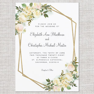 Elegante Rose Blumige Hochzeit Gold Geometrisch We Einladung