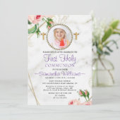 Elegante Rose Blush Marmor Erste Kommune Einladung (Stehend Vorderseite)