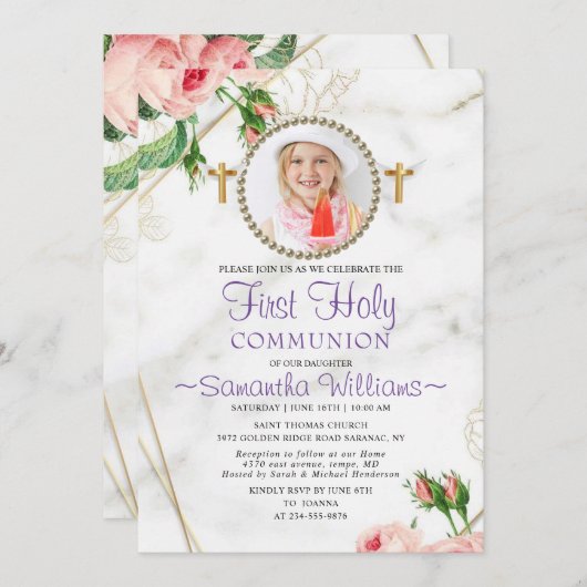 Elegante Rose Blush Marmor Erste Kommune Einladung (Vorne/Hinten)