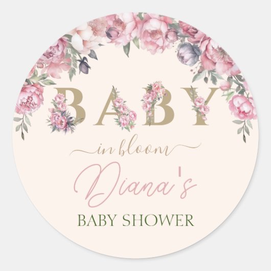 Elegante Rose Blush Pink Gold Baby Dusche Runder Aufkleber (Vorderseite)