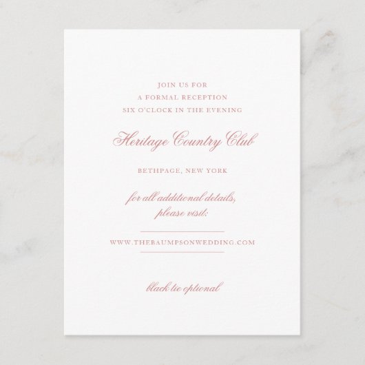 Elegante Rose Blush Script Chic Empfang Hochzeit Begleitkarte (Vorderseite)