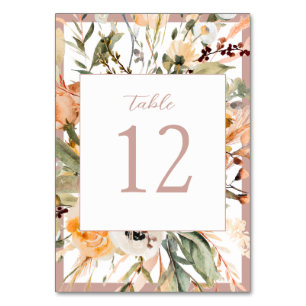 Elegante Rosé-Blüten-Herbstblätter-Hochzeit Tischnummer