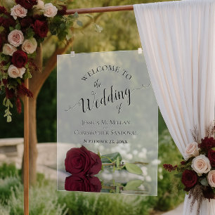 Elegante Rose Burgund Romantische Hochzeit Willkom Acrylschild