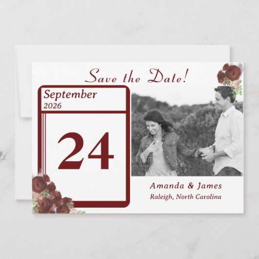 Elegante Rose-Corsage-Antwortkarte Save The Date (Vorderseite)