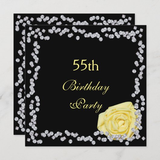 Elegante Rose & Diamonds 55. Geburtstag Einladung (Vorne/Hinten)