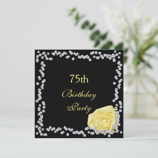 Elegante Rose & Diamonds 75. Geburtstag Einladung (Stehend Vorderseite)