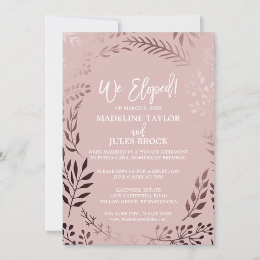 Elegante Rose Empfang Gold und Rosa Elopement Einladung (Vorderseite)