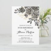 Elegante Rose Flora Black & Gold Geburtstag Einladung (Stehend Vorderseite)