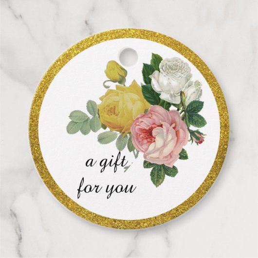 Elegante Rose Floral Gold Glitzer Geschenkanhänger (Vorderseite)