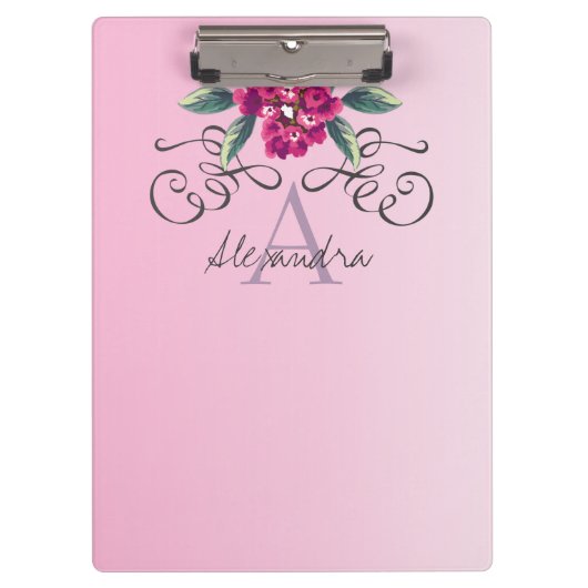 Elegante Rose Floral Monogram Chic Klemmbrett (Vorderseite)