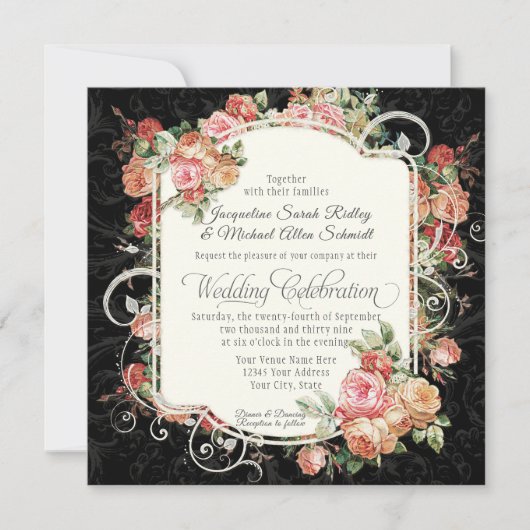 Elegante Rose floralarmes Schwarzes Pfirsichspiel Einladung (Vorderseite)