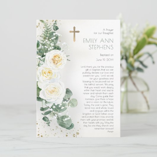 Elegante Rose FloralGirl Taufkarte Einladung (Stehend Vorderseite)