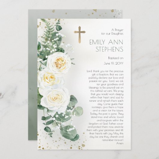 Elegante Rose FloralGirl Taufkarte Einladung (Vorne/Hinten)