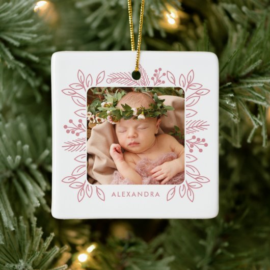 Elegante Rose Foliage Frame Erstes Foto Keramikornament (Baum)