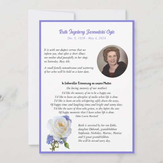 Elegante Rose Foto Frame Death Ankündigung (Vorderseite)