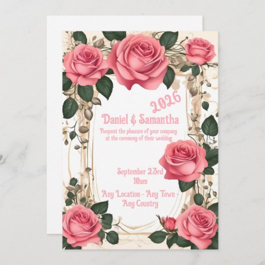 Elegante Rose Frame Template Hochzeitsempfehlung Einladung (Vorne/Hinten)