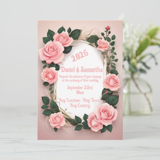 Elegante Rose Frame Template Hochzeitsempfehlung Einladung (Stehend Vorderseite)