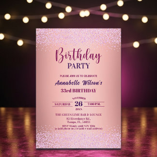 Elegante Rose Glitter Metallic Pink 33. Geburtstag Einladung
