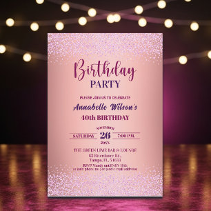Elegante Rose Glitter Metallic Pink 40. Geburtstag Einladung