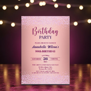 Elegante Rose Glitter Metallic Pink 90. Geburtstag Einladung
