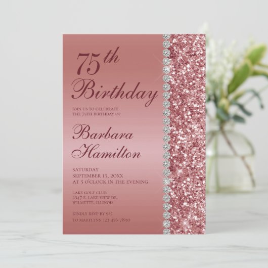 Elegante Rose Gold 75. Geburtstag Einladung (Stehend Vorderseite)