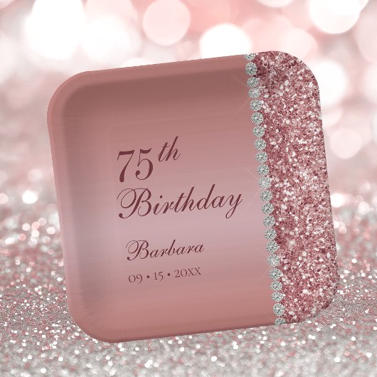 Elegante Rose Gold 75. Geburtstag Pappteller