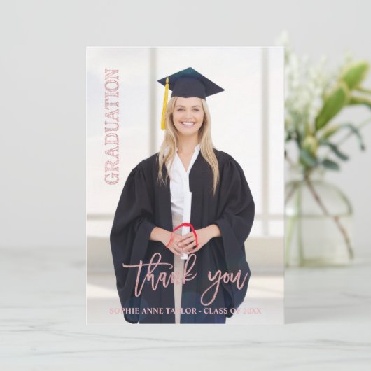 Elegante Rose Gold Abschluss Vielen Dank Foto Dankeskarte (Stehend Vorderseite)