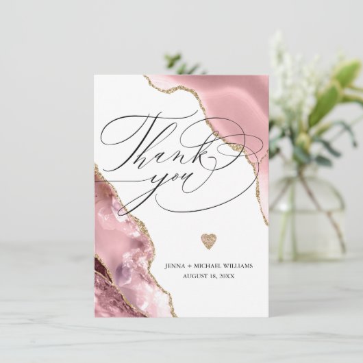 Elegante Rose Gold Agate Glitzer Script Wedding Dankeskarte (Stehend Vorderseite)