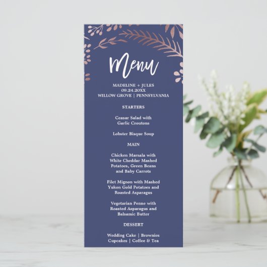 Elegante Rose Gold and Navy Wedding Menu Card Menükarte (Stehend Vorderseite)