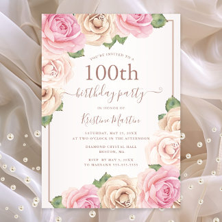 Elegante Rose Gold Aquarell Blütenfarben 100. Gebu Einladung