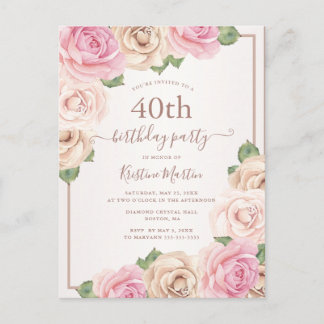 Elegante Rose Gold Aquarell Blütenfarben 40. Gebur Einladungspostkarte