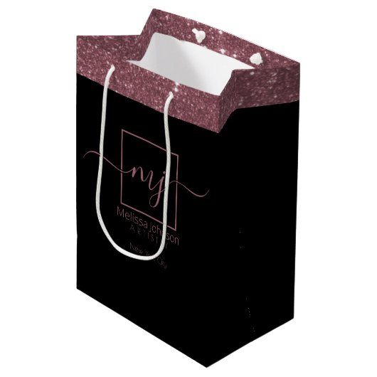 Elegante Rose Gold auf Black Medium Geschenktasche Mittlere Geschenktüte (Vorderseite Schrägansicht)