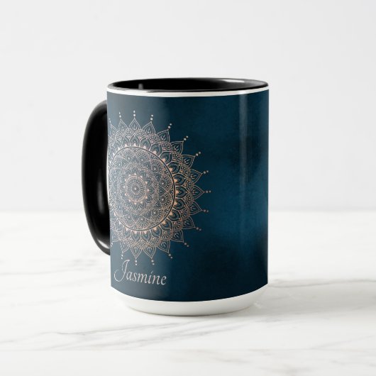 Elegante Rose Gold auf dem Aquamarinen Flora Henna Tasse (Vorderseite Links)