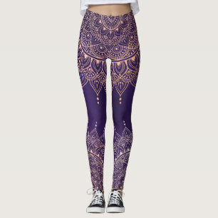 Elegante Rose Gold auf dem Lila Flora Henna Mandal Leggings