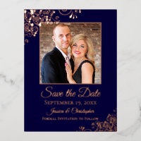 Elegante Rose Gold auf Navy Foto Save the Date