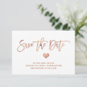 Elegante Rose Gold auf Weiß mit Herz Save The Date (Stehend Vorderseite)