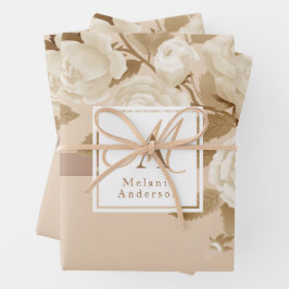 Elegante Rose Gold Beige Monogram Geschenkpapier Set