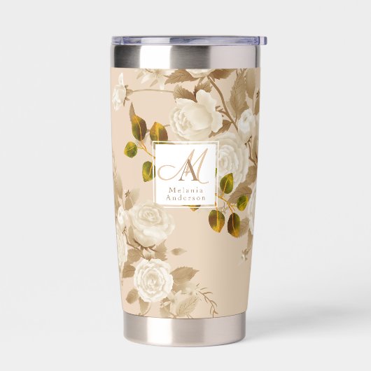 Elegante Rose Gold Beige Monogram Thermobecher (Links)