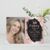Elegante Rose Gold Black Foto 50. Geburtstag Einladung (Stehend Vorderseite)