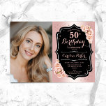Elegante Rose Gold Black Foto 50. Geburtstag Einladung<br><div class="desc">Elegante florale feminine 50. Geburtstagseinladung mit Ihrem Foto. Glam-Design mit Imitaten Rose Gold. Ermöglicht Rosen in Rosa,  Skript-Schriftart und Konfetti. Ideal für ein stilvolles Party für Erwachsene. Personalisieren Sie Ihre persönlichen Daten. Kann für jedes Alter angepasst werden! Gedruckte Zazzle Einladungen oder Sofortdownload digitalen druckbaren Vorlage.</div>