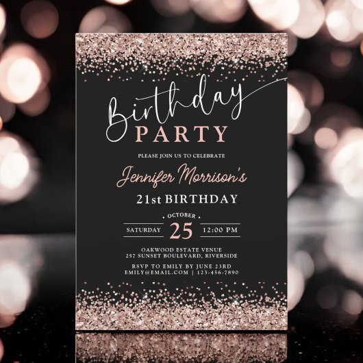 Elegante Rose Gold Black Glitzer 21. Geburtstag Einladung