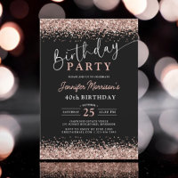 Elegante Rose Gold Black Glitzer 40. Geburtstag