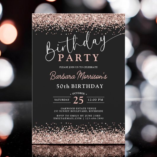 Elegante Rose Gold Black Glitzer 50. Geburtstag Einladung