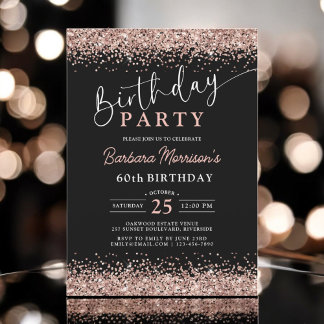 Elegante Rose Gold Black Glitzer 60. Geburtstag Einladung