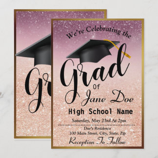 Elegante Rose Gold & Black Glitzer Abschluss Einladung