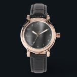 Elegante Rose Gold & Black Leather Strap Women's Armbanduhr<br><div class="desc">Elegante Frauenuhr aus schwarzem Glattleder mit goldenen Rose-Akzenten,  gebürstetem Metallstil und weißen Zahlen.</div>